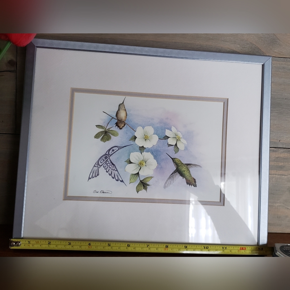 Sue Coleman Dogwood and Hummingbird Art Print. Framed and Matted